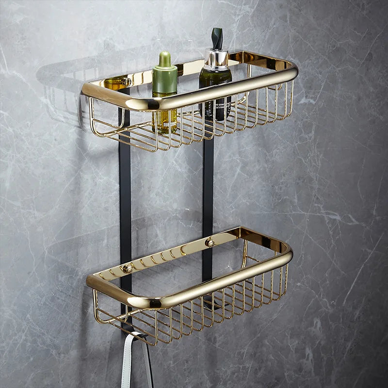 DecorBites™ Gold & Black Corner Shelf: Brass Bathroom Shelves for Stylish Storage