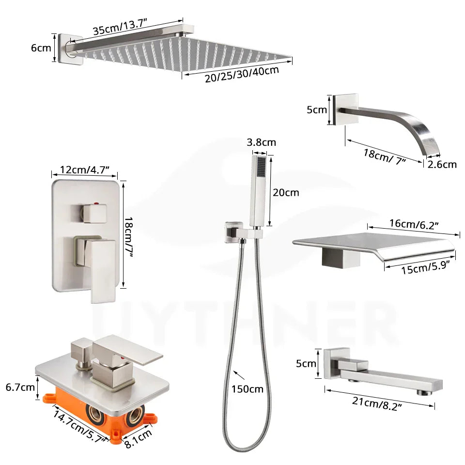 Sistema de ducha DecorBites™ de níquel cepillado con cabezal de ducha tipo lluvia para baño de pared