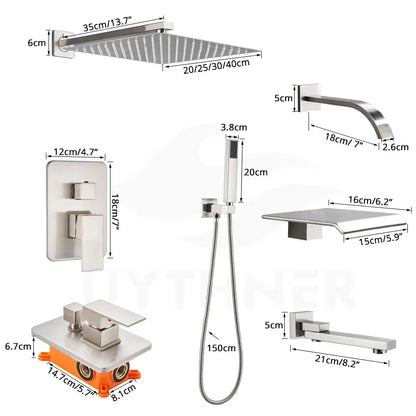 Sistema de ducha DecorBites™ de níquel cepillado con cabezal de ducha tipo lluvia para baño de pared