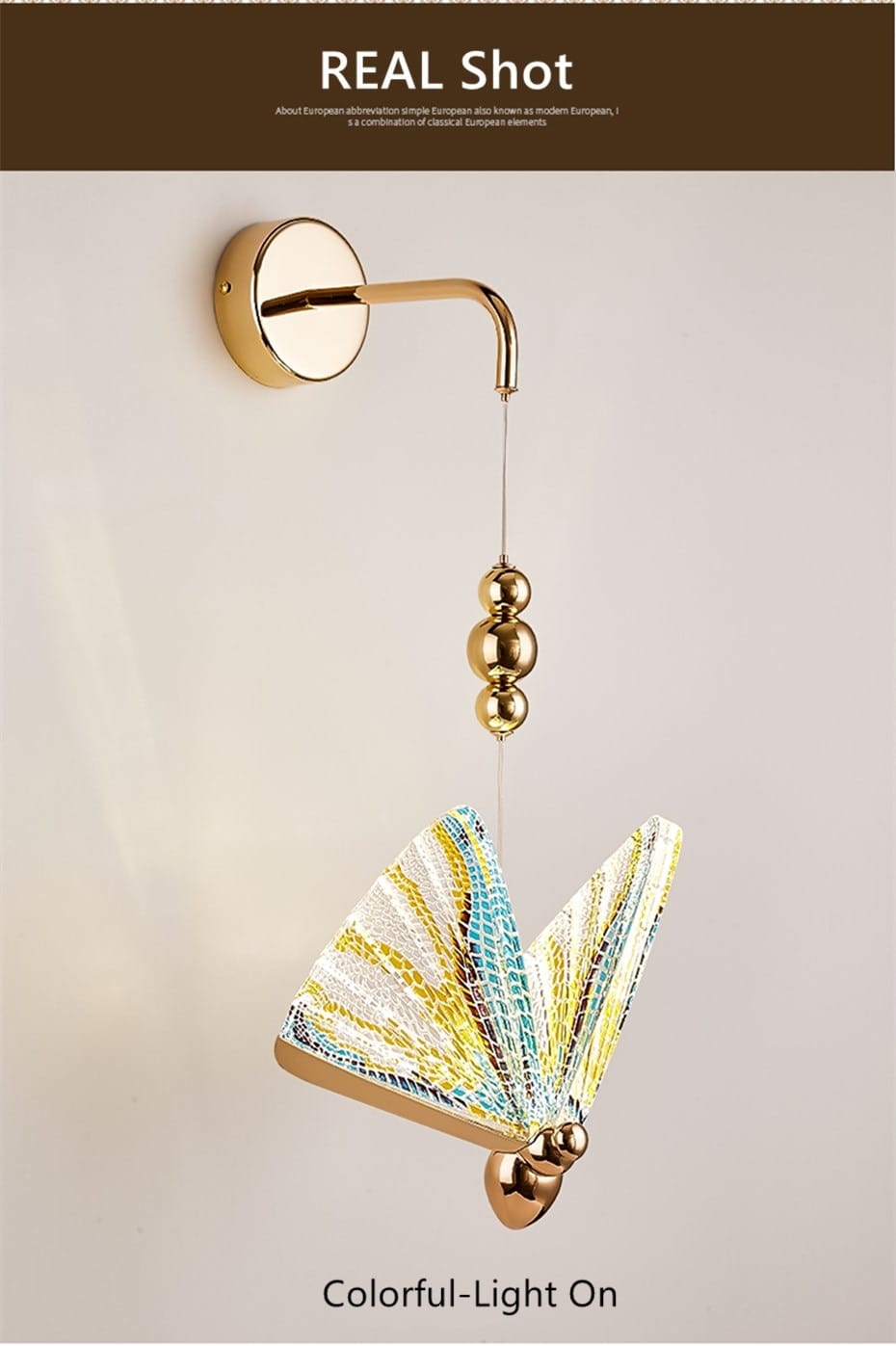 gold-toned butterfly led wall light with iridescent multicolored mosaic-patterned wings designed as a nordic butterfly led wall light for bedroom use.