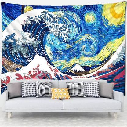 Decobites Kanagawa Waves Oil Painting Tapestry Wall Hanging, Bohemian Style Psychedelic Hippie Art