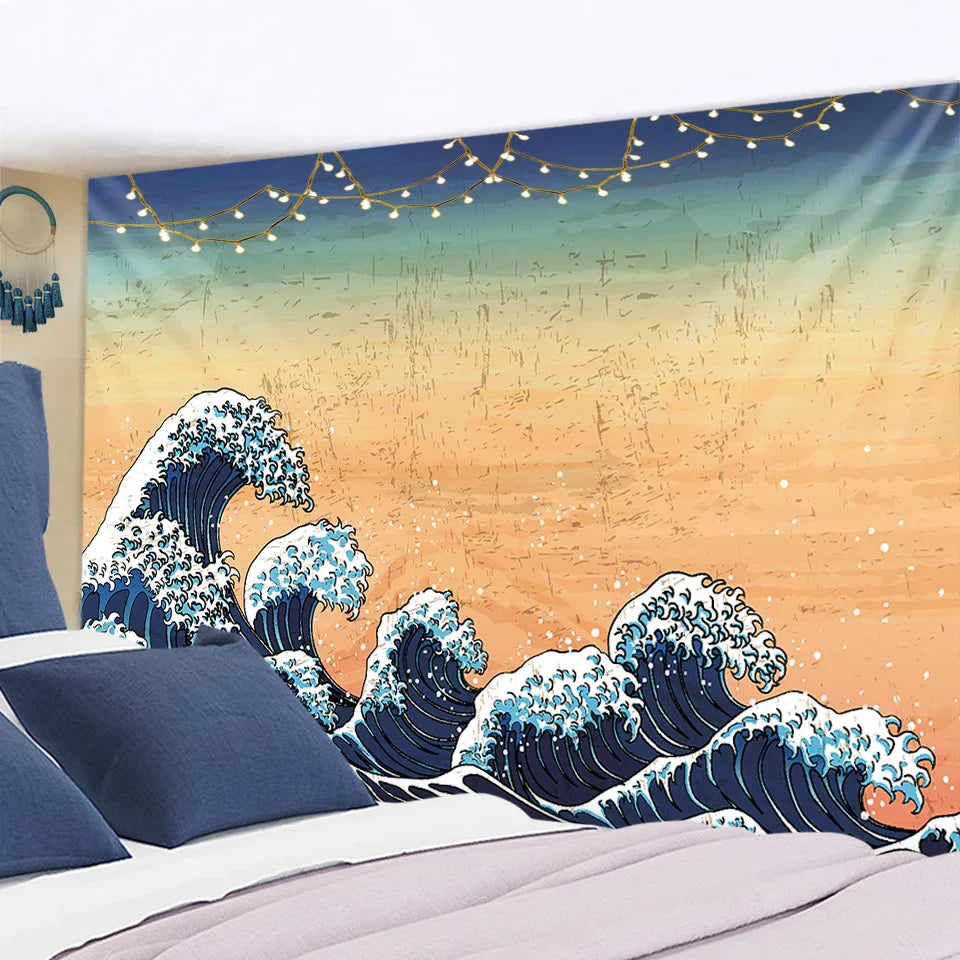 Decorbites™ Tapiz Colgante de Olas de Kanagawa: Tapices de Pared con Sol Boho, Cobertor de Cama, Esterilla de Yoga