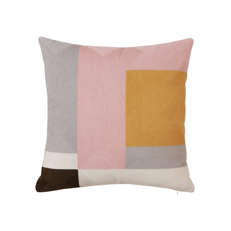 Funda de cojín DecorBites™ con bordado geométrico, 45x45cm/30x50cm, diseño abstracto amarillo y rosa