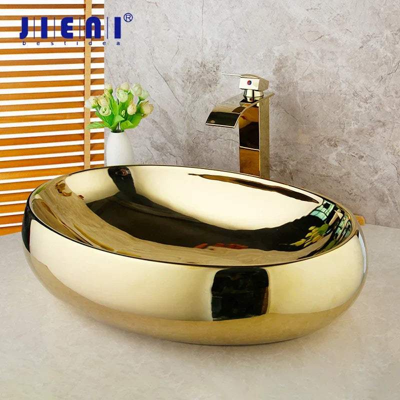 DecorBites™ Gold Ceramic Basin Sink & Brass Faucet Set with Pop Drain