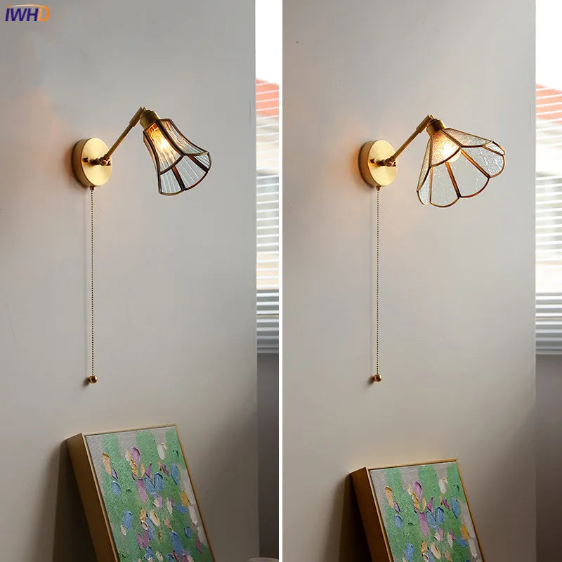 DecorBites™ Green Glass LED Wall Lights with Pull Chain Switch, Copper Finish