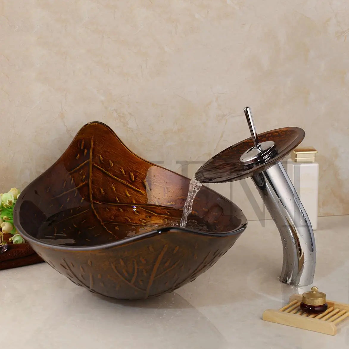 DecorBites™ Golden Leaf Vessel Glass Sink Set with Chrome Faucet