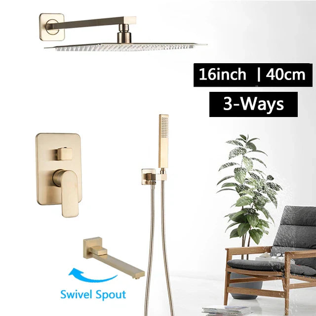 DecorBites™ Brushed Gold Rainfall Shower Set with Single Handle Wall Mounted Mixer