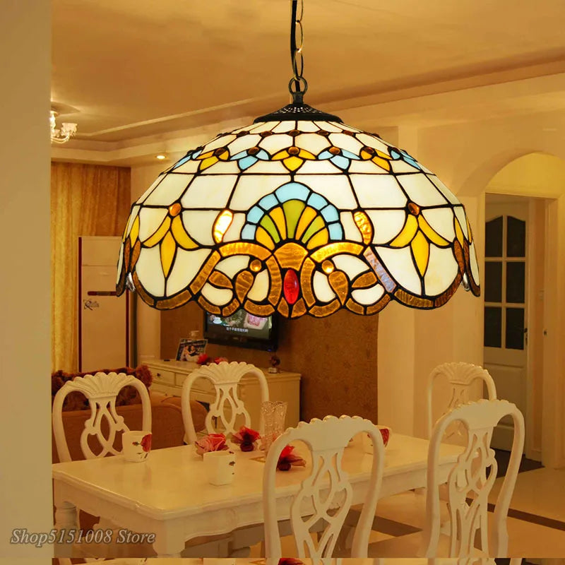 DecorBites™ Baroque Tiffany Pendant Light Stained Glass Chandelier for Home Dining Room E27