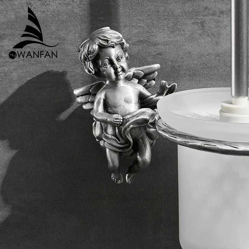 DecorBites™ Classic Angel Brass Toilet Brush and Holder Set for Bathroom