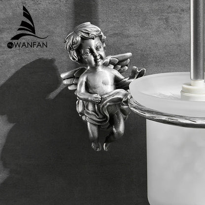 DecorBites™ Classic Angel Brass Toilet Brush and Holder Set for Bathroom