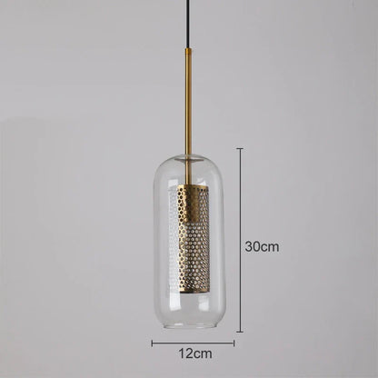 Lámpara colgante DecorBites™ con bola de cristal y malla dorada, estilo industrial para cocina.