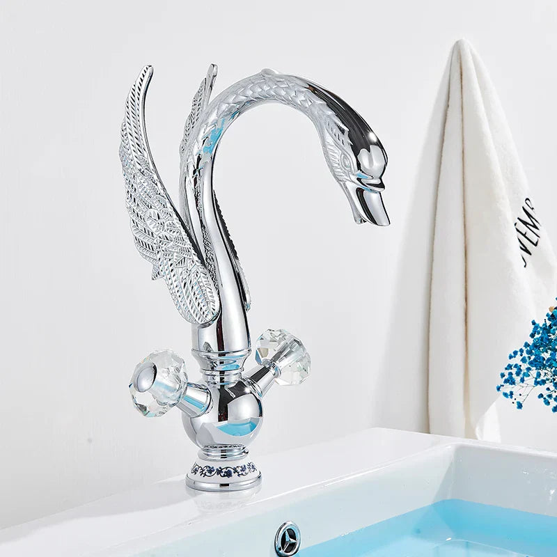 DecorBites™ Golden Swan Basin Faucet: Solid Brass, Deck Mount, Dual Handle Mixer Tap