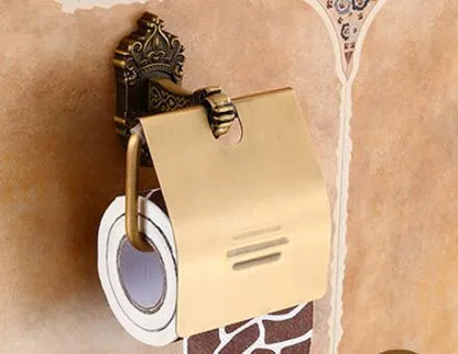 مجموعة إكسسوارات الحمام DecorBites™ المصنوعة من الألومنيوم المنحوت باللون البرونزي العتيق: رف مناشف، وحامل ورق، وخطافات