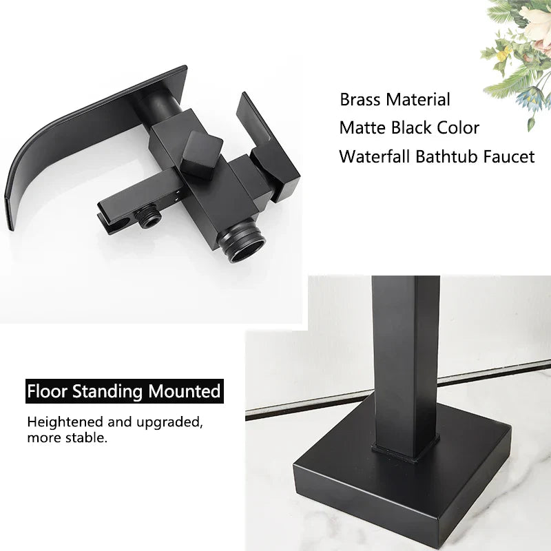 DecorBites™ Matte Black Waterfall Bathtub Shower Faucet, Floor Standing Hot Cold Mixer Tap
