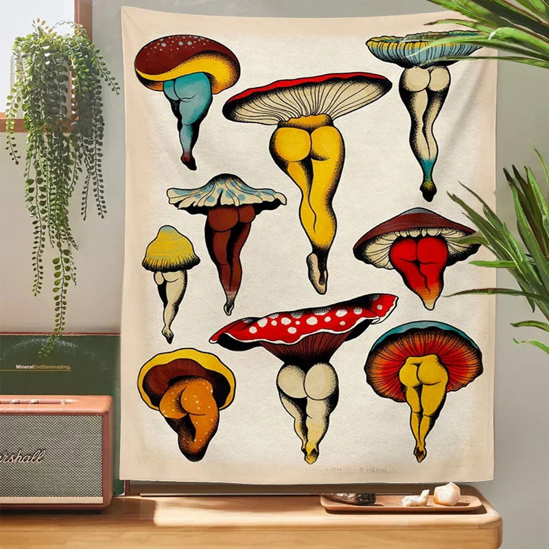 Decobites Mushroom Maiden Tapestry: Botanical Cactus Chart Wall Hanging for Bohemian Home Decor