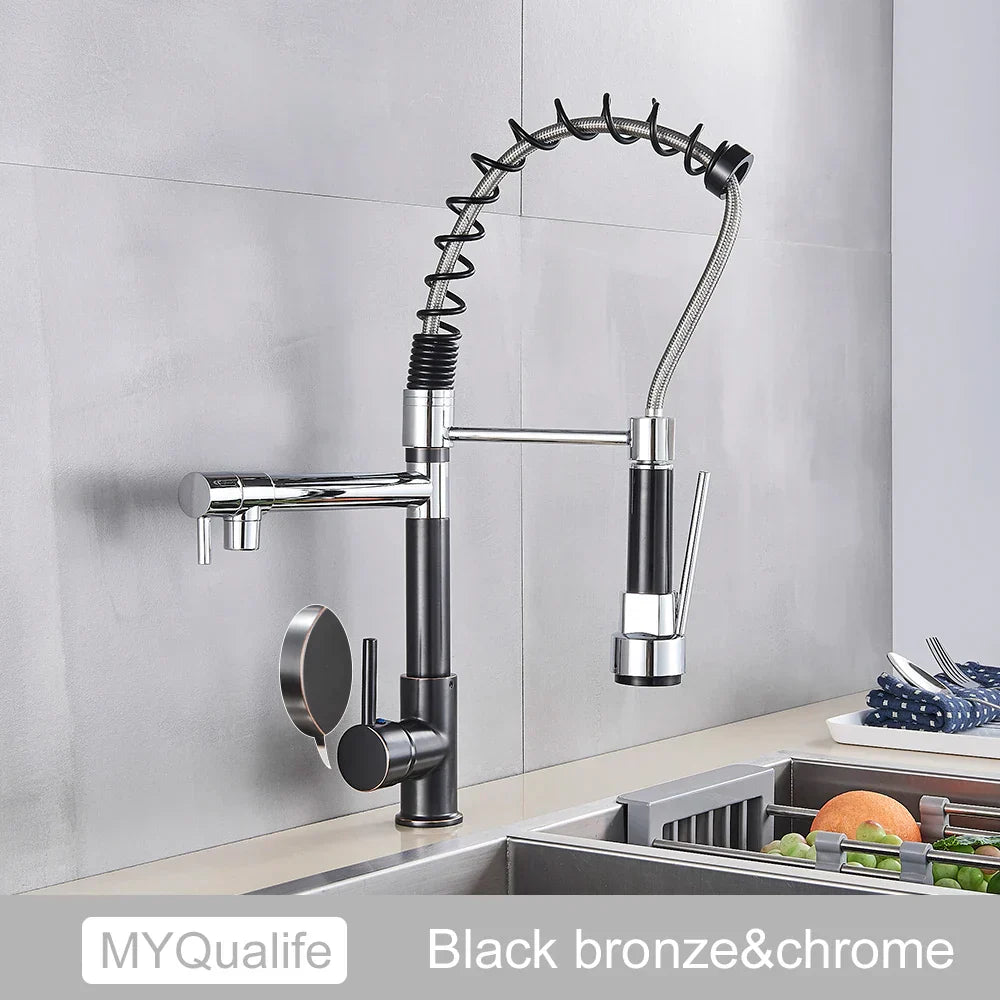 Grifo de cocina DecorBites™ de latón negro con doble caño, rotación de 360°, montaje sobre encimera