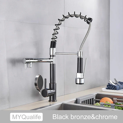 Grifo de cocina DecorBites™ de latón negro con doble caño, rotación de 360°, montaje sobre encimera