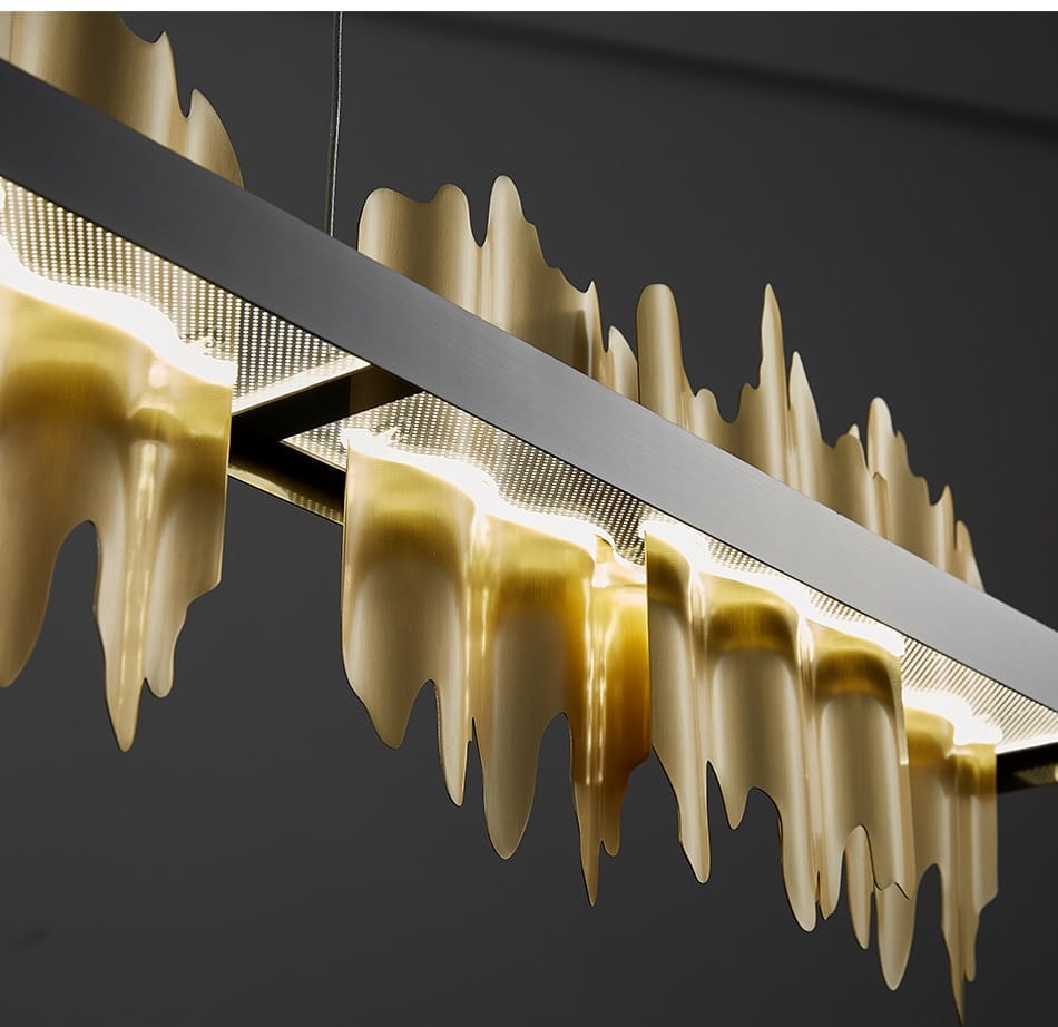 Modern gold and black iceberg led chandelier lighting for dining room featuring a golden, dripping-liquid-shaped pendant light with sleek metallic finish and integrated led lighting.
