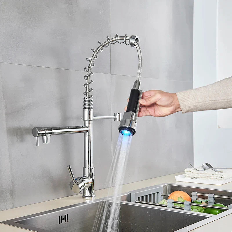 DecorBites™ LED Brushed Kitchen Faucet with Pull-Down Spring, Single Handle Swivel Spout