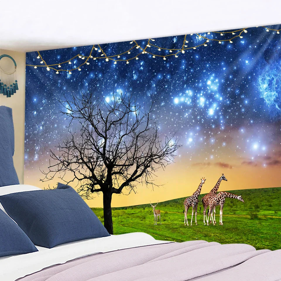 Decobites Starry Sky Deer Tapestry Wall Hanging Night View Home Decor