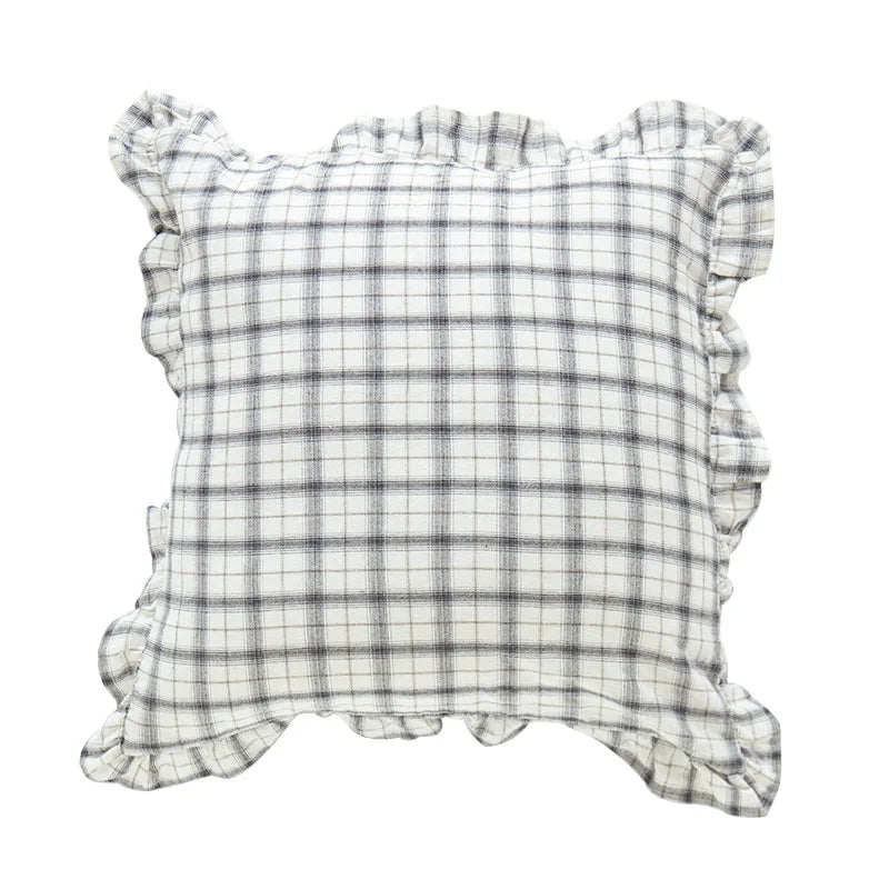 غطاء وسادة DecorBites™ قطني بلون القهوة الأسود والأصفر والأخضر مقاس 45×45 سم مع تنورة مهدبة لديكور المنزل