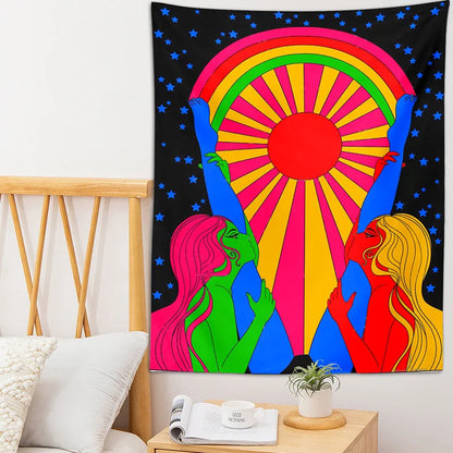 Decobites Retro Rainbow Sun Tapestry: Boho Aesthetic Wall Art for Home Decor