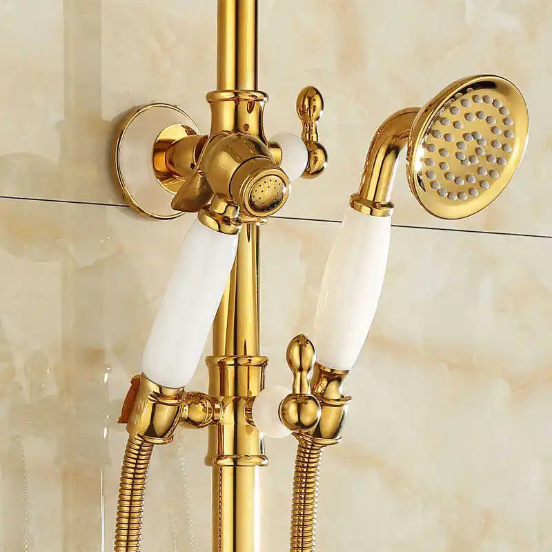 DecorBites™ Gold Brass Jade Bath Shower Set Wall Mounted Rainfall Hand Shower Faucet