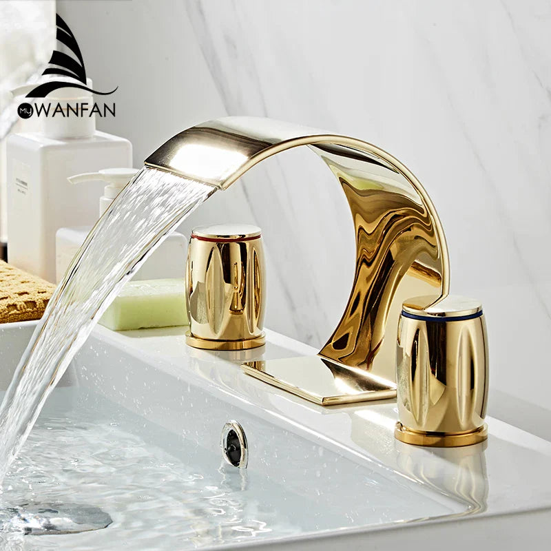 Grifo de Lavabo de Doble Asa en Oro Decorbites™ - Mezclador de Tres Agujeros para Lavabo de Baño