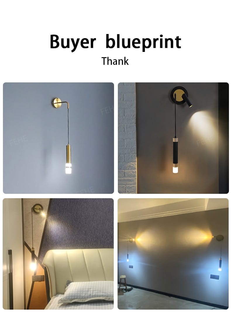 Modern minimalist wall sconce with a sleek cylindrical body and adjustable arm in black and gold finishes for a luxury bedroom bedside in a creative luxury bedroom setting.