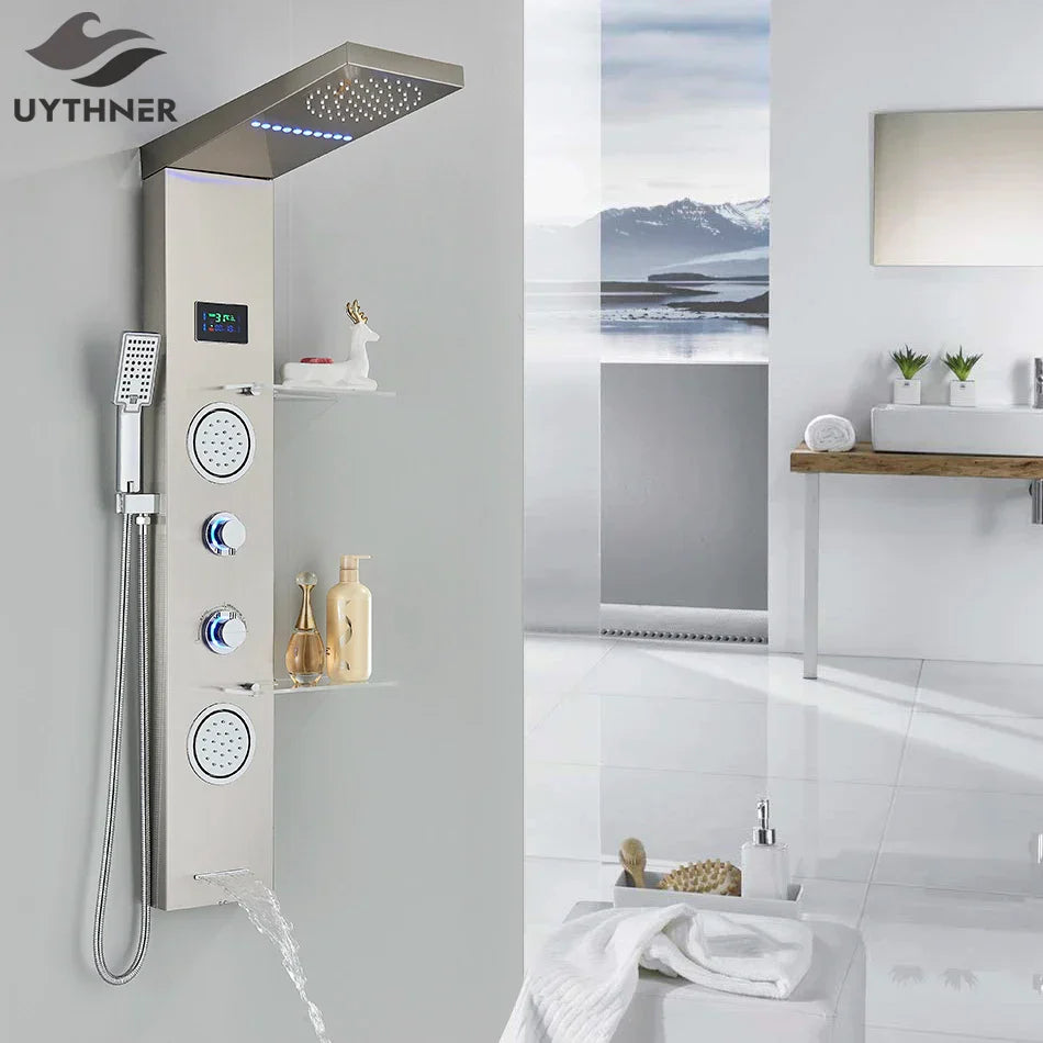 DecorBites™ LED Brushed Nickel Shower Panel Set with Temperature Screen