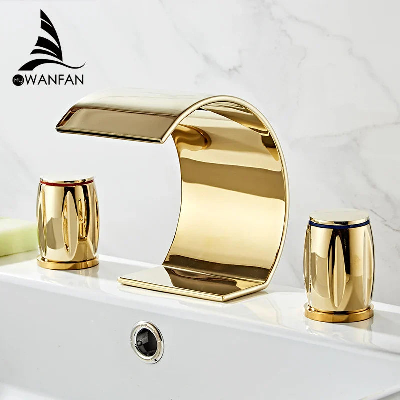 Grifo de Lavabo de Doble Asa en Oro Decorbites™ - Mezclador de Tres Agujeros para Lavabo de Baño