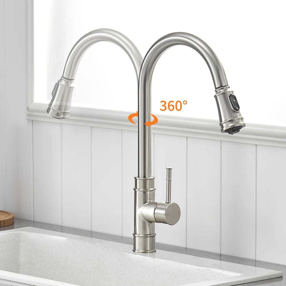 صنبور مطبخ أسود بمقبض واحد قابل للسحب من DecorBites™، صنبور خلاط مياه دوار بزاوية 360 درجة