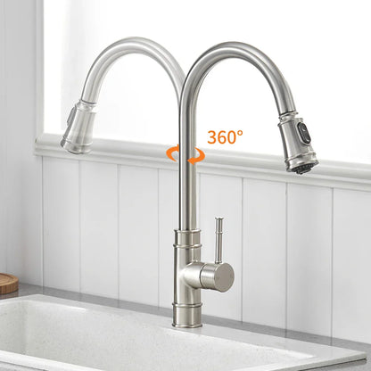 صنبور مطبخ أسود بمقبض واحد قابل للسحب من DecorBites™، صنبور خلاط مياه دوار بزاوية 360 درجة