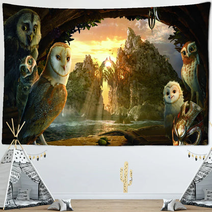 Decobites Owl On Tree 3D Tapestry - Abstract Mysterious Psychedelic Aesthetic Room Decor