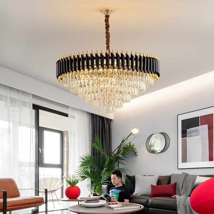 A luxury k9 crystal tiered chandelier with a black and gold frame, cascading crystal droplets, and an ornate bronze chain, ideal as a nebra luxury dining room light.