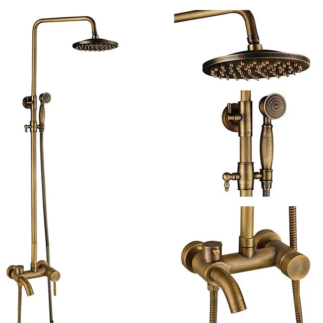 Juego de grifería para ducha DecorBites™ de latón antiguo con cabezal tipo lluvia de 8" y rociador giratorio