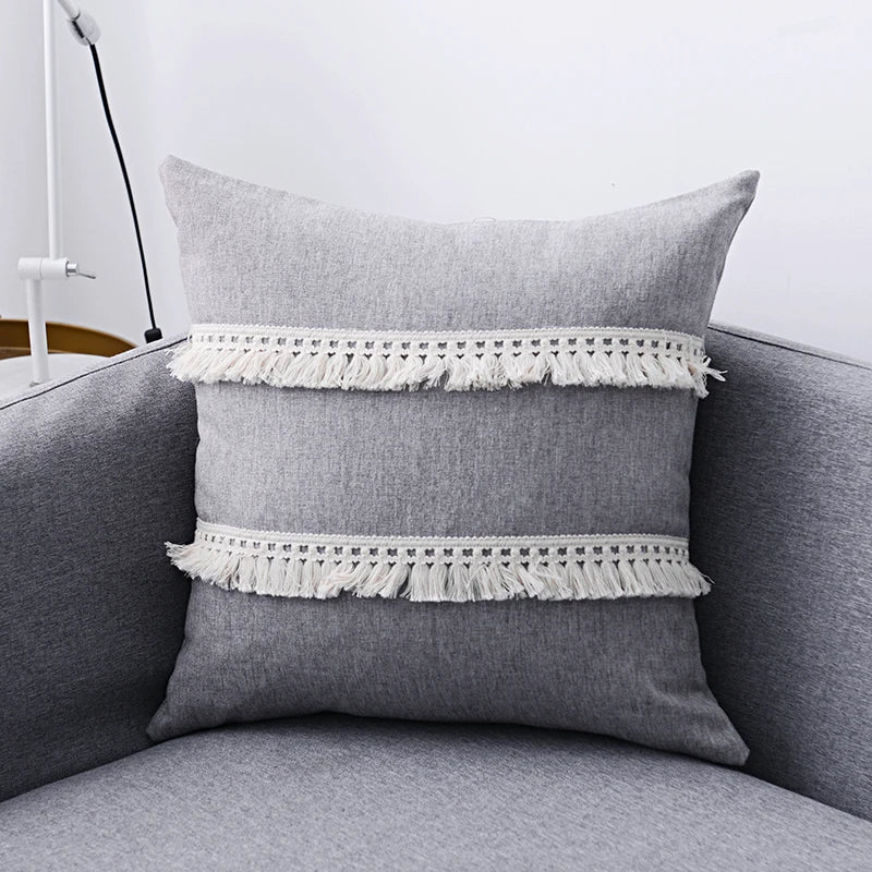 DecorBites™ Boho Style Tassel Pillow Cover Set for Sofa Bed, Beige Grey Blue Yellow