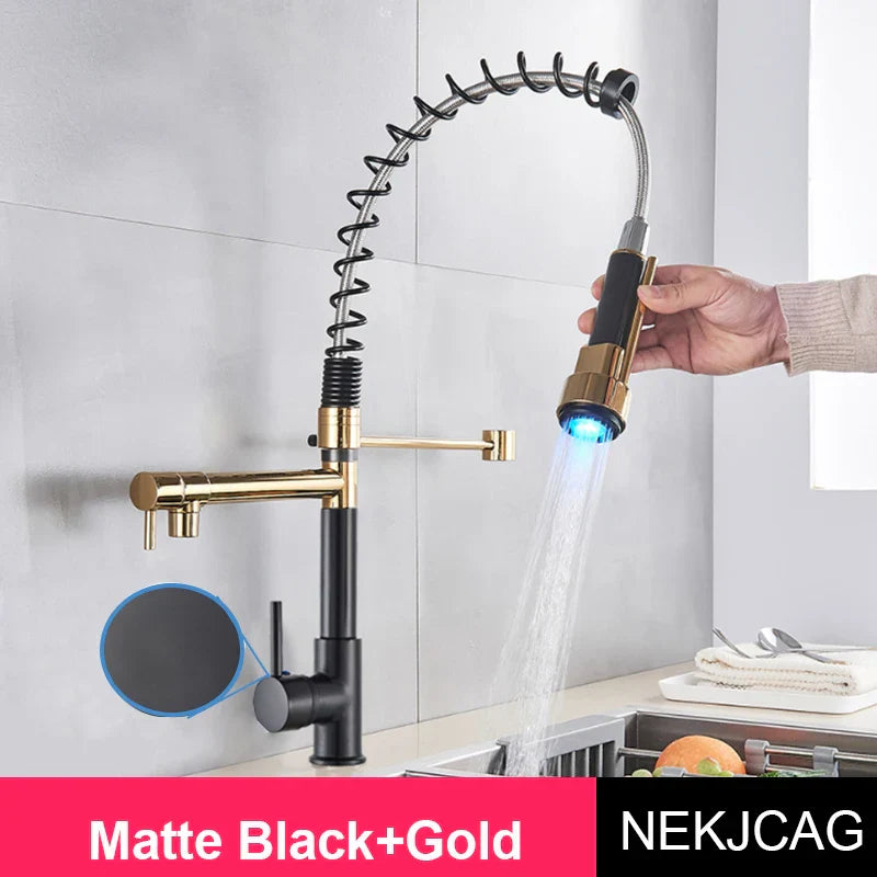 DecorBites™ LED Spring Kitchen Faucet: Dual Swivel Spout, Pull Down, Hot Cold Mixer Tap
