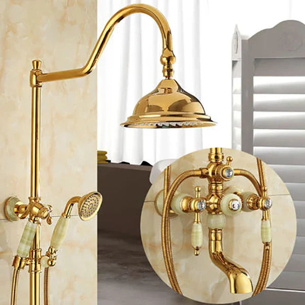 DecorBites™ Gold Brass Jade Bath Shower Set Wall Mounted Rainfall Hand Shower Faucet