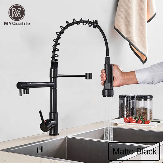 DecorBites™ Black Brass Kitchen Faucet with Dual Spout, 360 Rotation, Deck Mounted
