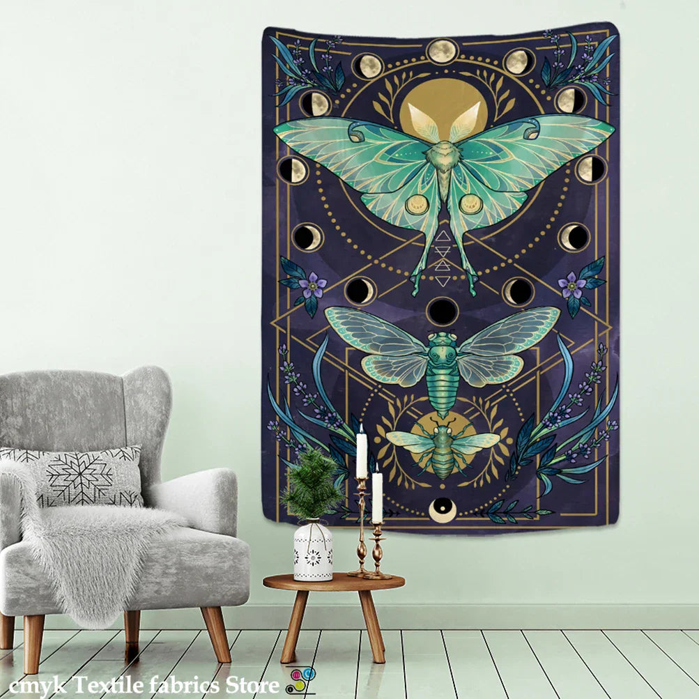 Decobites Moon Phase Butterfly Tapestry: Psychedelic Bohemian Aesthetics Home Decor