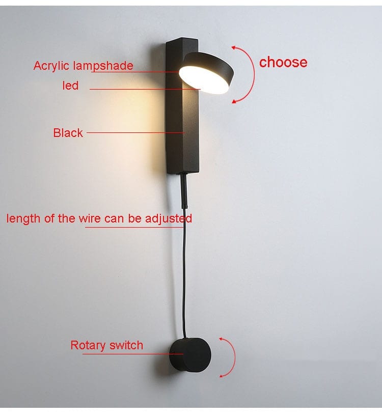 Black modern led wall lamp with acrylic shade and adjustable wire length featuring a rotating sconce light ideal for bedroom wall lamps.