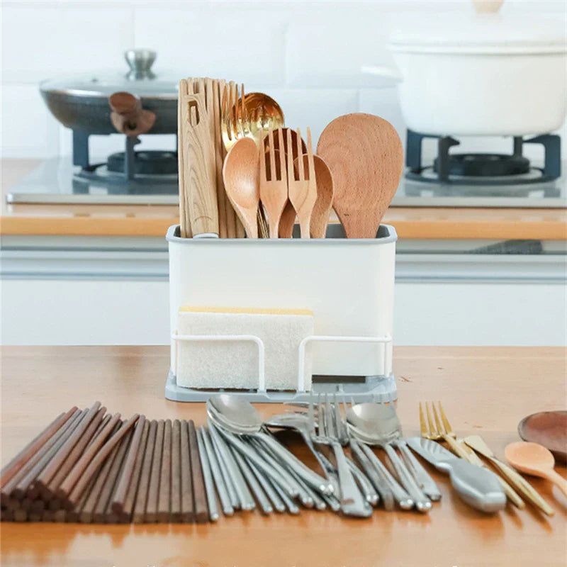 DecorBites™ Double Grid Cutlery Organizer Drainer - Kitchen Utensil Holder and Sponge Rack