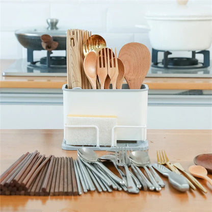 DecorBites™ Double Grid Cutlery Organizer Drainer - Kitchen Utensil Holder and Sponge Rack