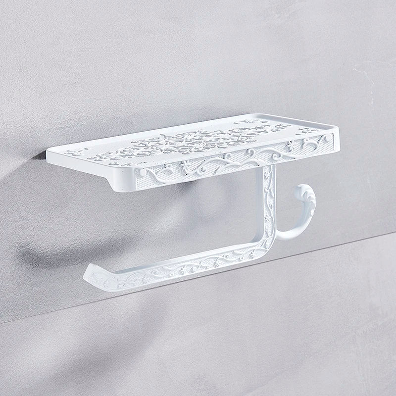 حامل ورق تواليت أسود مع رف للهاتف من DecorBites™: وحدة تخزين حائطية من الألومنيوم للحمام