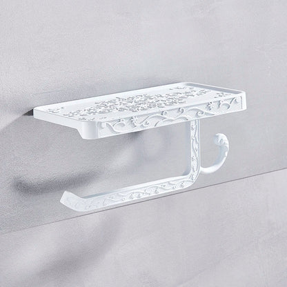 حامل ورق تواليت أسود مع رف للهاتف من DecorBites™: وحدة تخزين حائطية من الألومنيوم للحمام