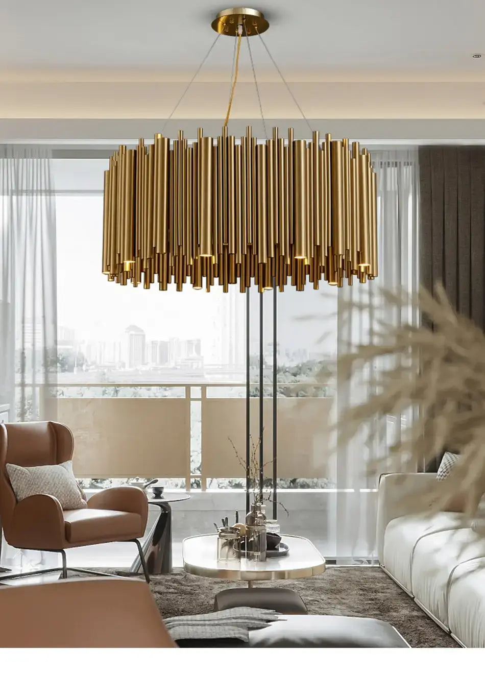 Luxury modern round gold chandelier featuring a golden cylindrical design with a modern minimalist style ideal for living room lighting.