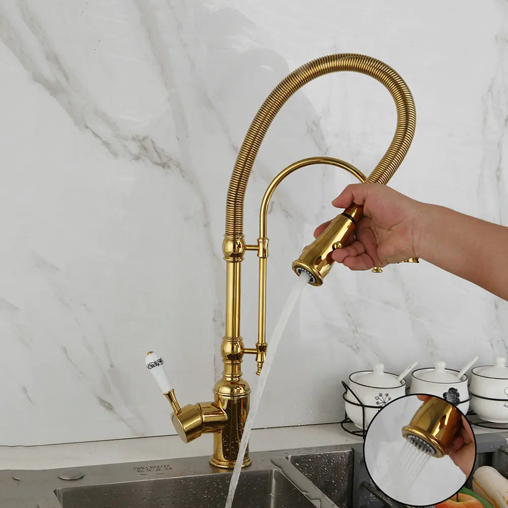 Grifo mezclador giratorio para lavabo de cocina DecorBites™ dorado con resorte extraíble