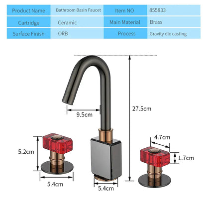 DecorBites™ Gray Brass Basin Faucets, Deck Mounted Double Handle Bathroom Sink Tap