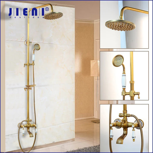 DecorBites™ Antique Brass Rainfall Shower Faucet Set with Handshower and Shelf